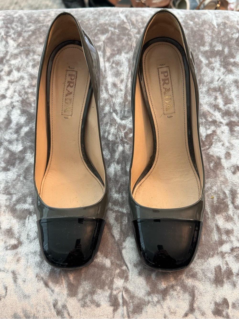 Prada Black and Grey Patent Leather Square-Toe Heels